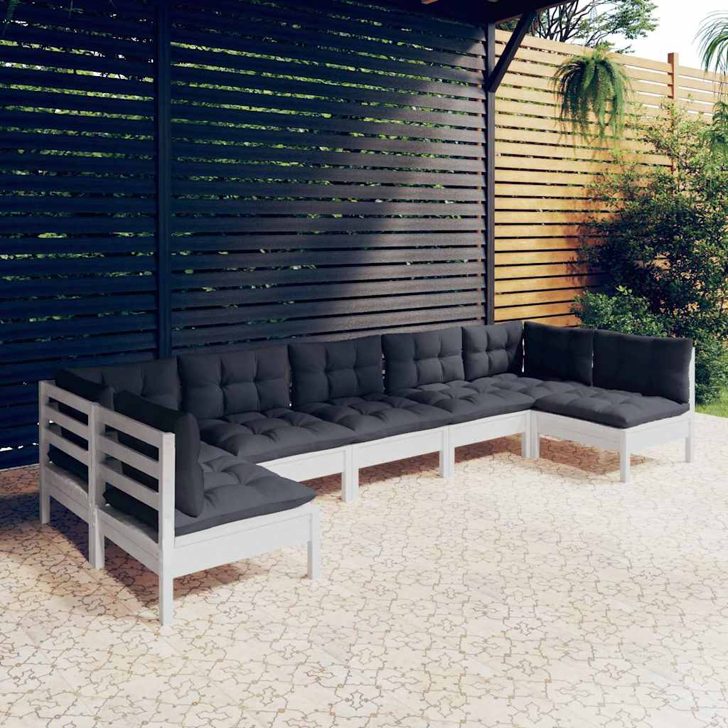 7-tlg. Garten-Lounge-Set mit Kissen Weiß Kiefer Massivholz