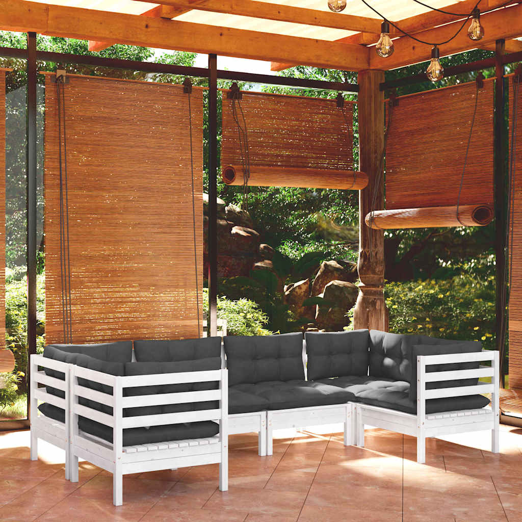 6-tlg. Garten-Lounge-Set mit Kissen Weiß Kiefernholz