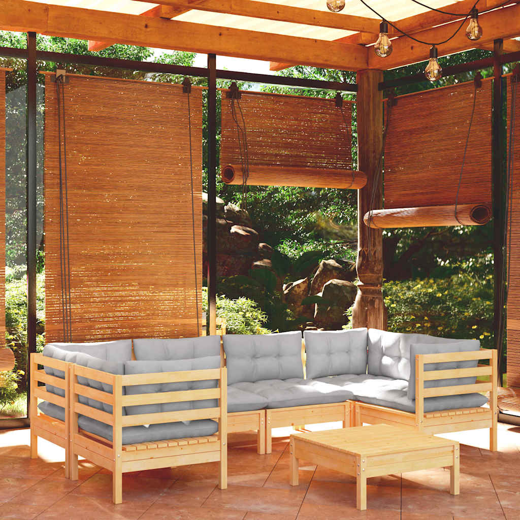 7-tlg. Garten-Lounge-Set mit Grauen Kissen Kiefernholz