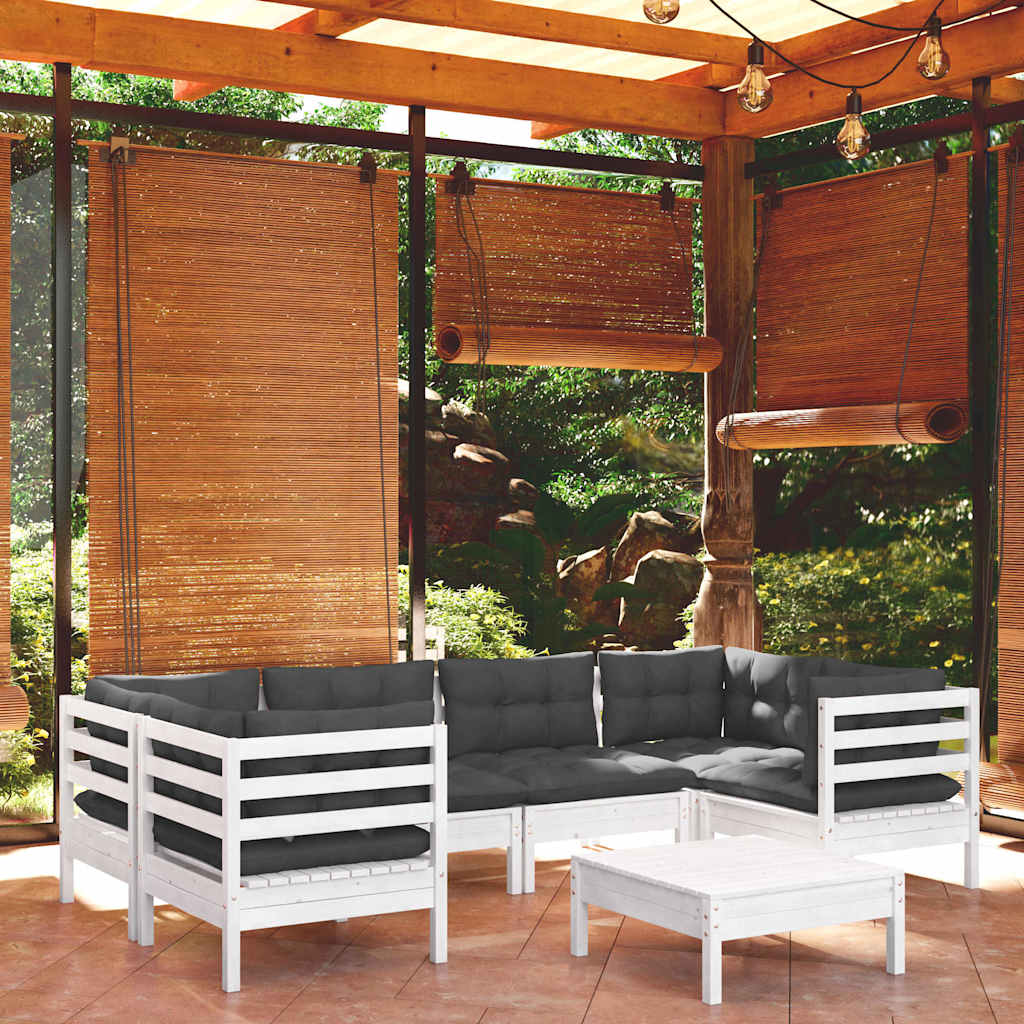7-tlg. Garten-Lounge-Set mit Kissen Weiß Kiefernholz