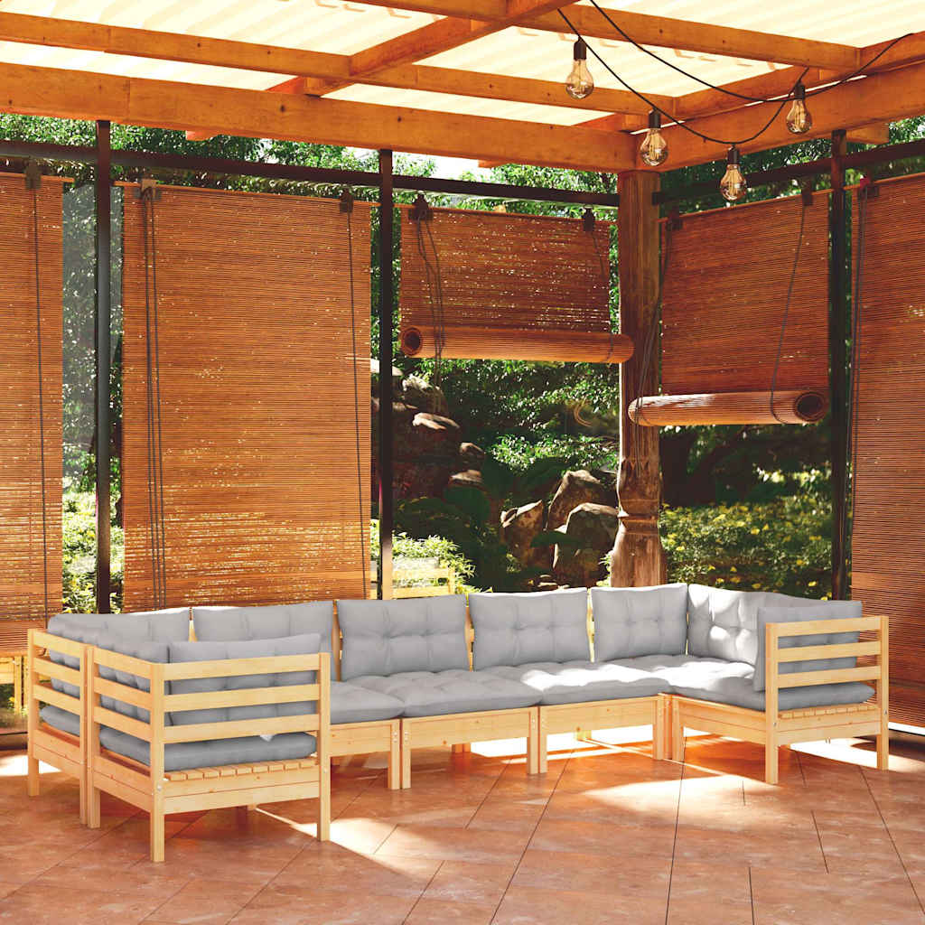 7-tlg. Garten-Lounge-Set mit Grauen Kissen Kiefernholz
