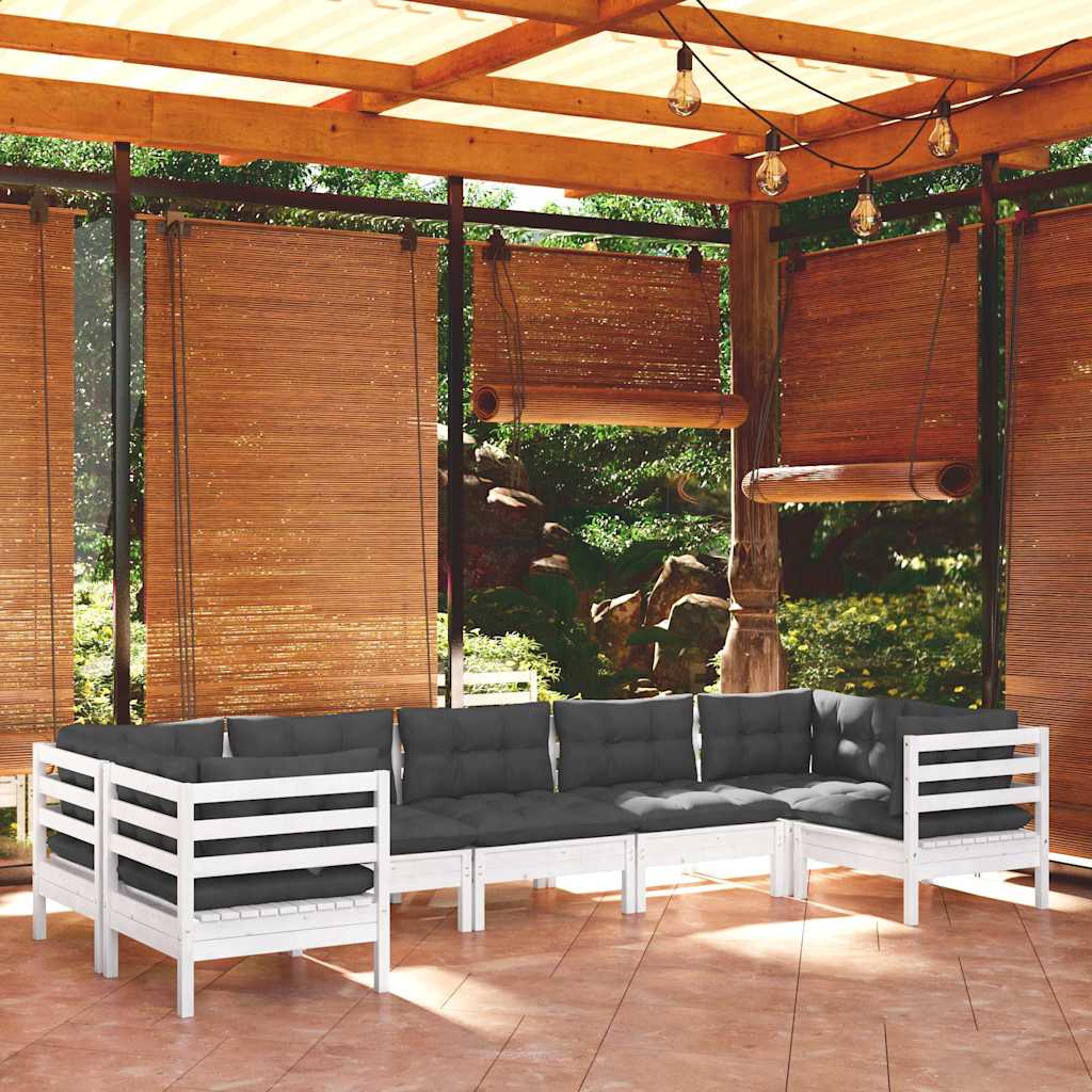 7-tlg. Garten-Lounge-Set mit Kissen Weiß Kiefernholz
