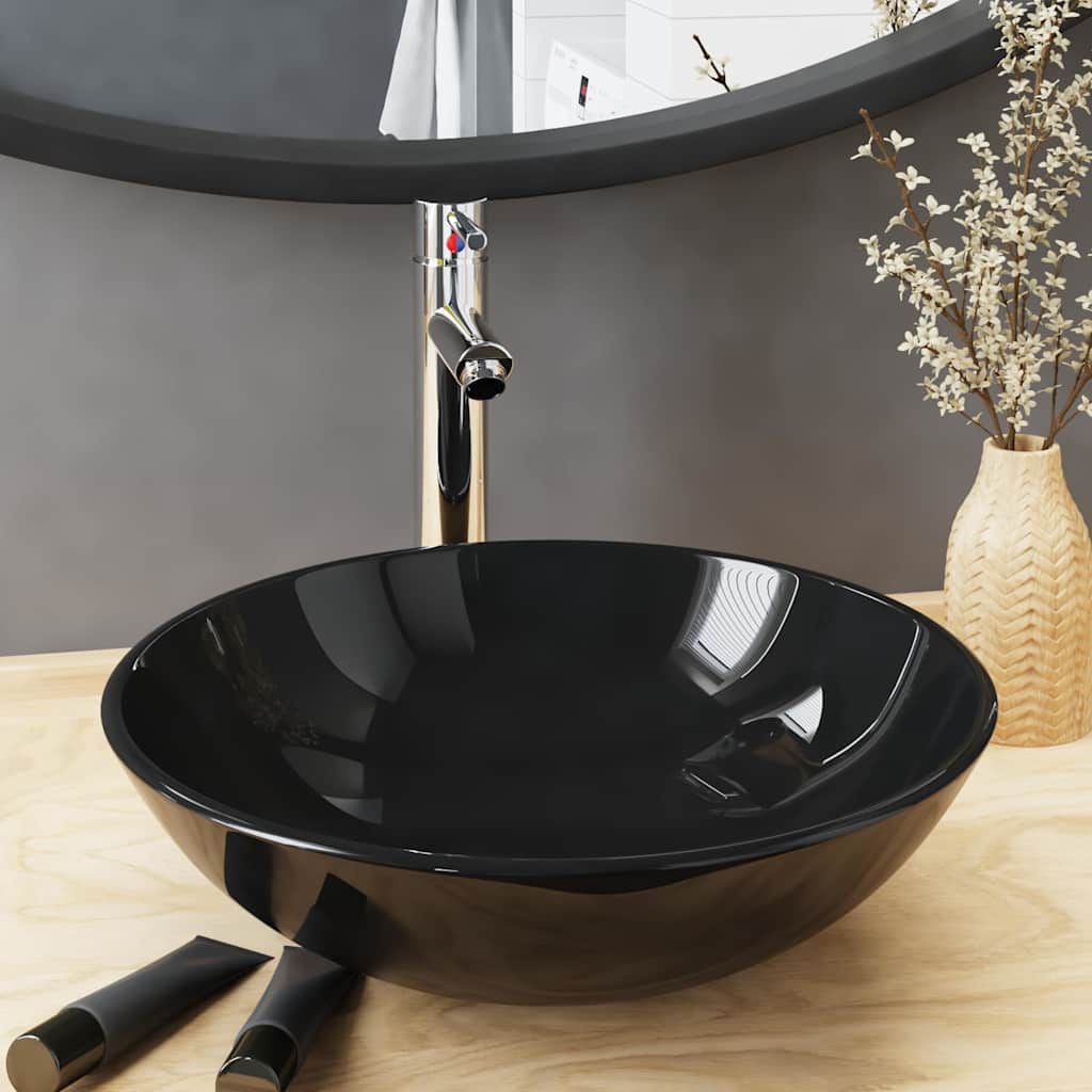 Badezimmer Waschbecken mit Wasserhahn Ablaufgarnitur Schwarz