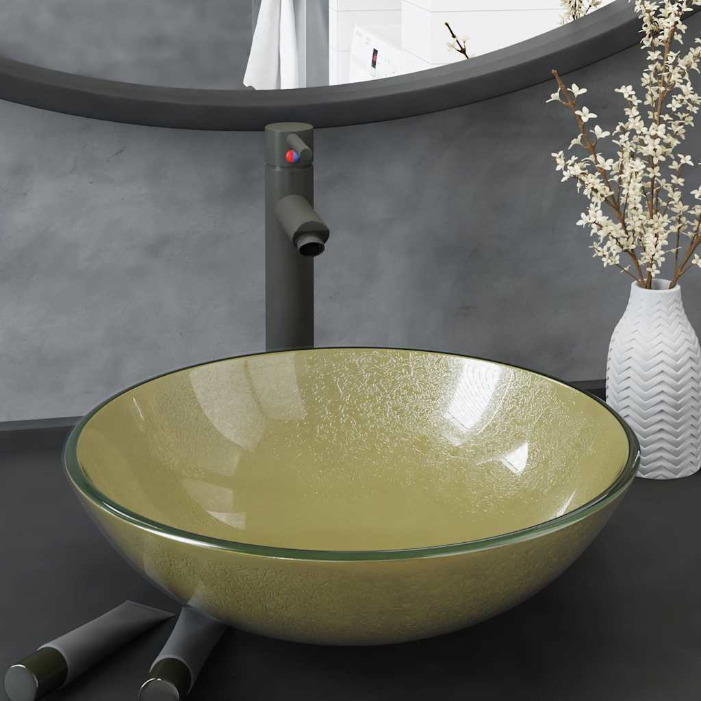 Badezimmer Waschbecken mit Wasserhahn und Ablaufgarnitur Gold