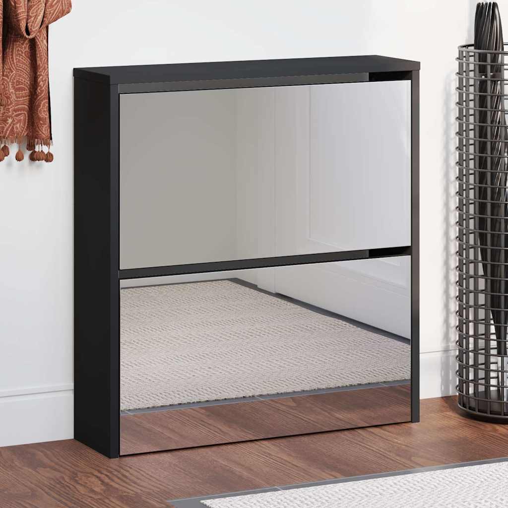 Schuhschrank mit Spiegel 2 Fächer Schwarz 63x17x67 cm