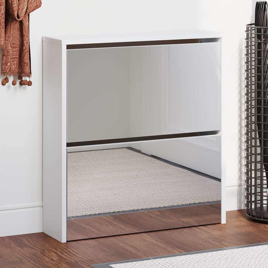 Schuhschrank mit Spiegel 2 Fächer Hochglanz-Weiß 63x17x67 cm