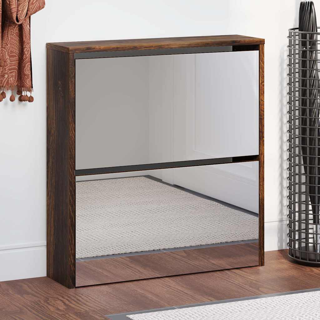 Schuhschrank mit Spiegel 2 Fächer Räuchereiche 63x17x67 cm