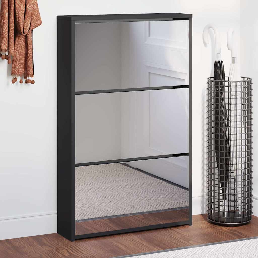 Schuhschrank mit Spiegel 3-lagig Schwarz 63x17x102,5 cm