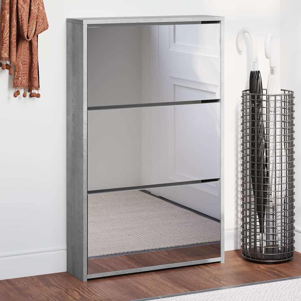 Schuhschrank mit Spiegel 3 Fächer Grau Sonoma 63x17x102,5 cm