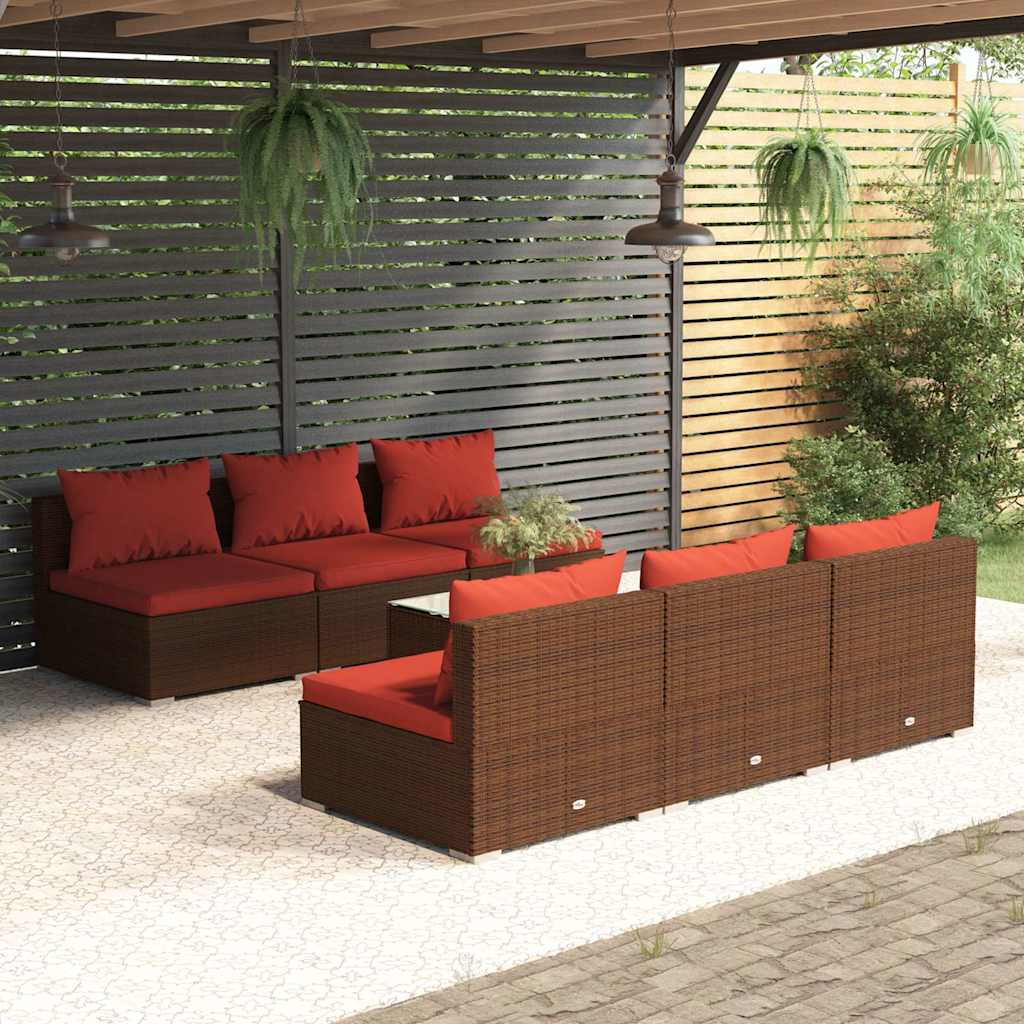 7-tlg. Garten-Lounge-Set mit Kissen Poly Rattan Braun