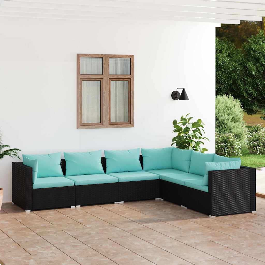 6-tlg. Garten-Lounge-Set mit Kissen Poly Rattan Schwarz