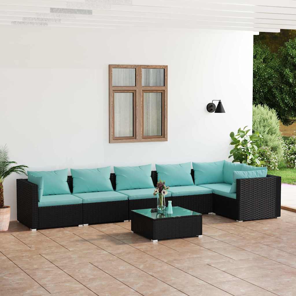 7-tlg. Garten-Lounge-Set mit Kissen Poly Rattan Schwarz