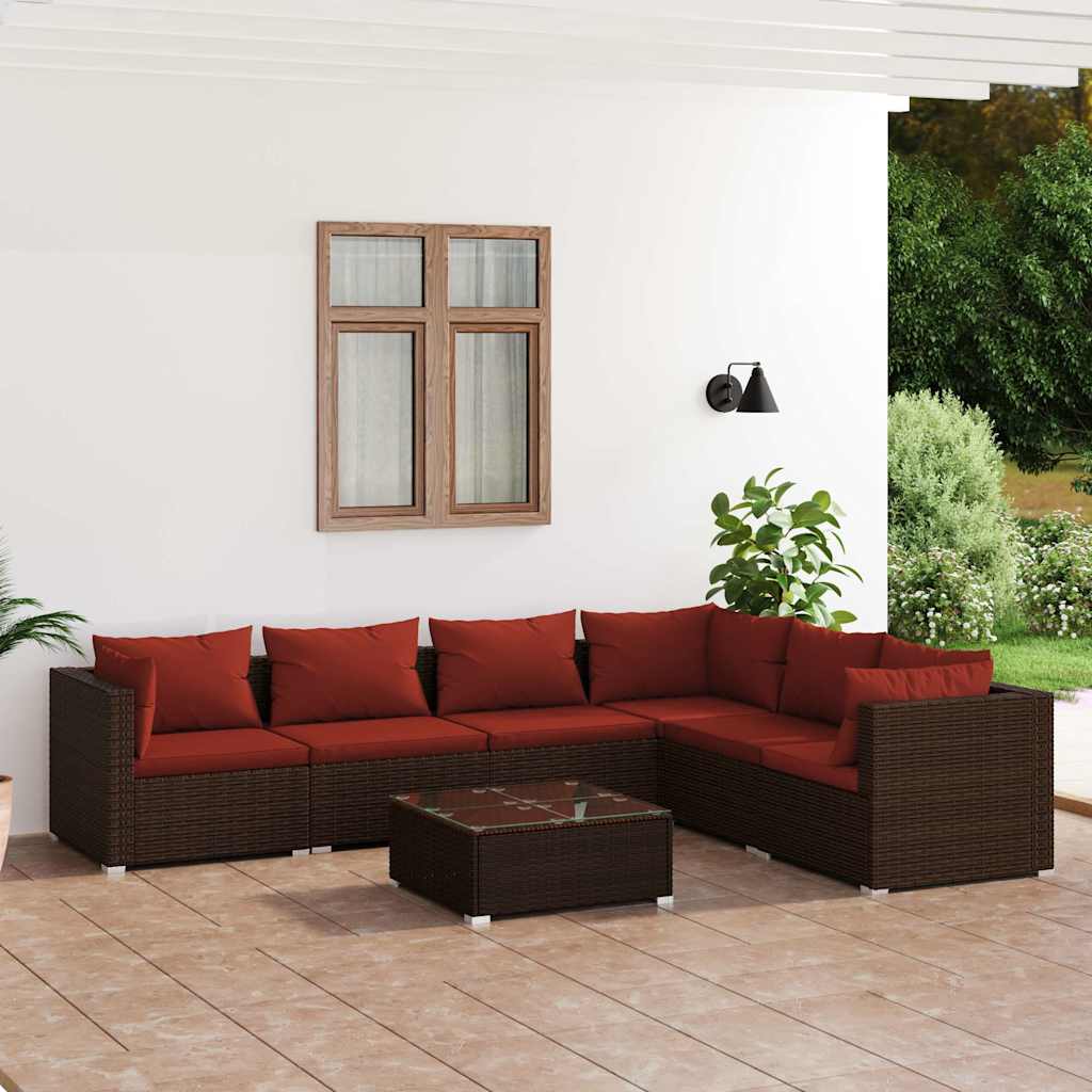 7-tlg. Garten-Lounge-Set mit Kissen Poly Rattan Braun