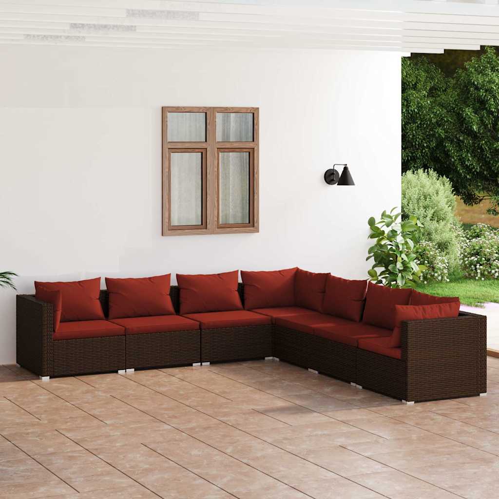 7-tlg. Garten-Lounge-Set mit Kissen Poly Rattan Braun