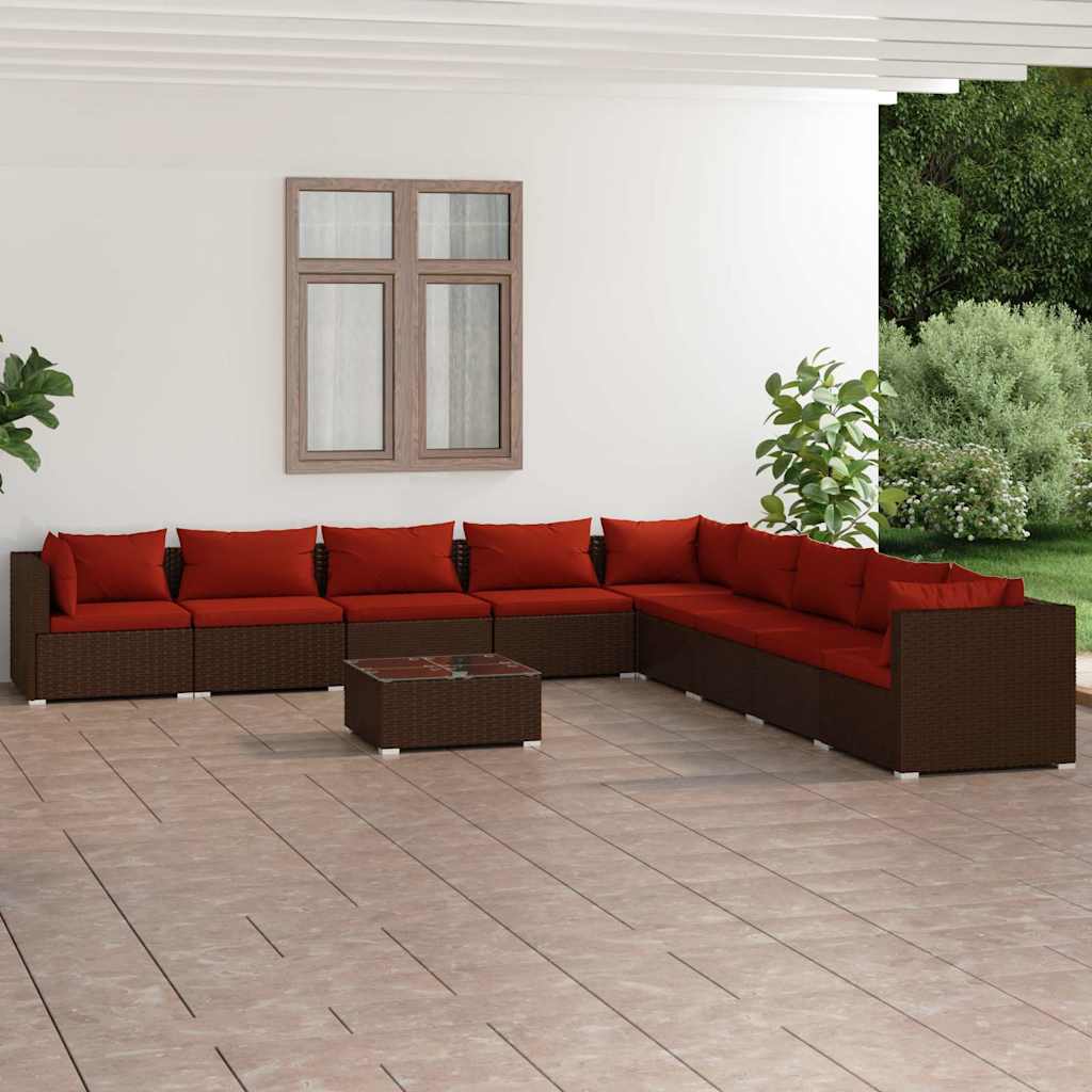 10-tlg. Garten-Lounge-Set mit Kissen Poly Rattan Braun
