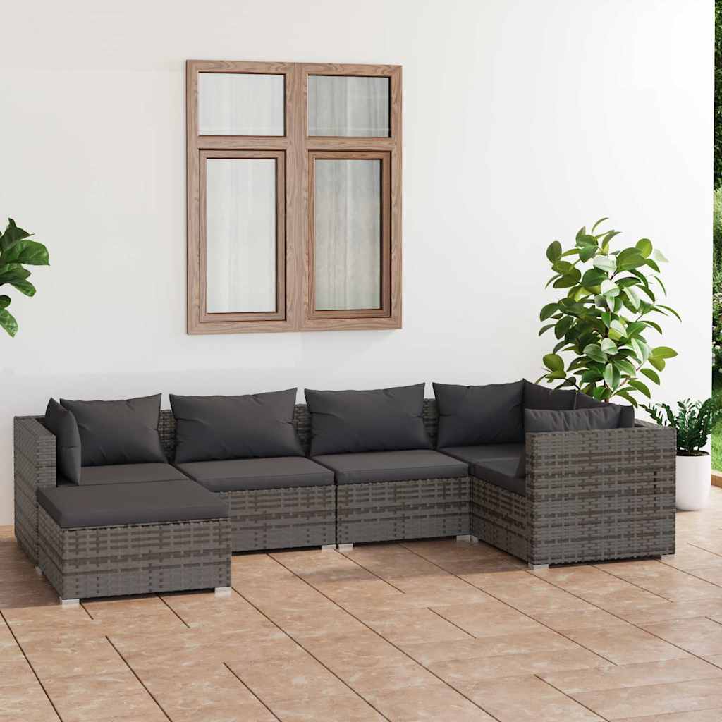 6-tlg. Garten-Lounge-Set mit Kissen Poly Rattan Grau