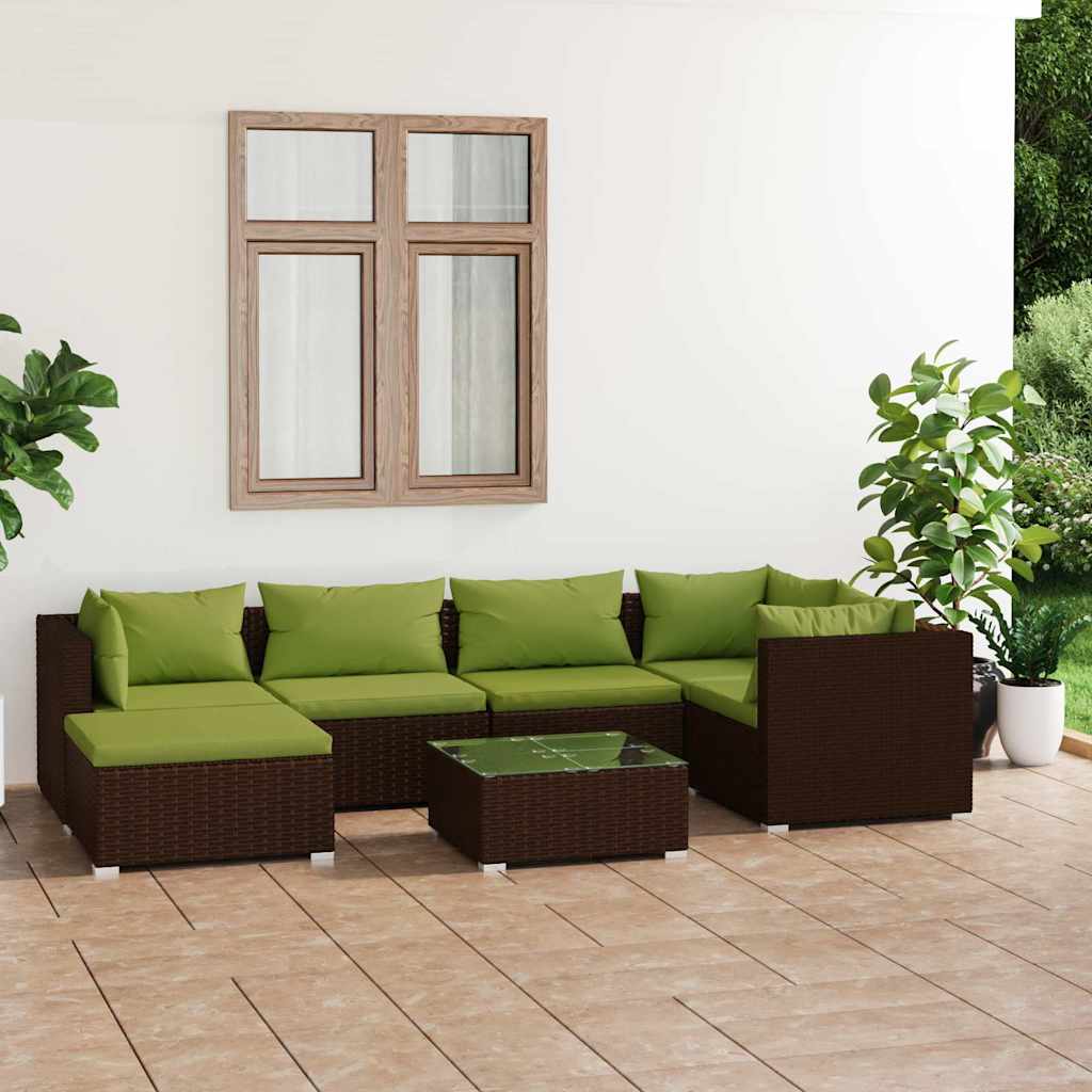 7-tlg. Garten-Lounge-Set mit Kissen Poly Rattan Braun