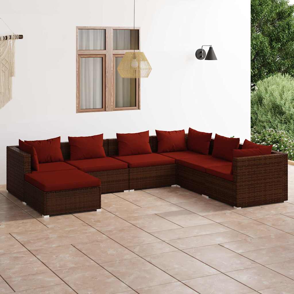 7-tlg. Garten-Lounge-Set mit Kissen Poly Rattan Braun