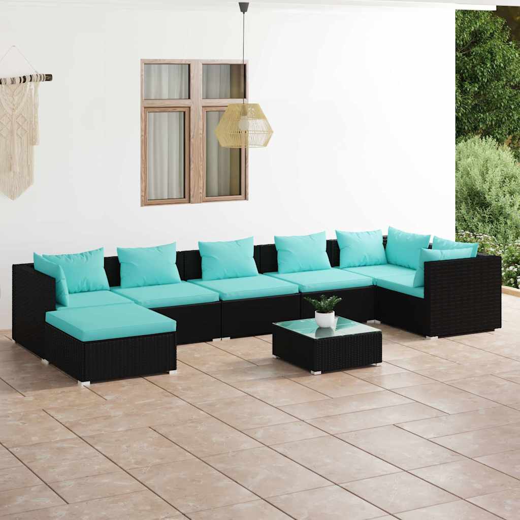 8-tlg. Garten-Lounge-Set mit Kissen Poly Rattan Schwarz