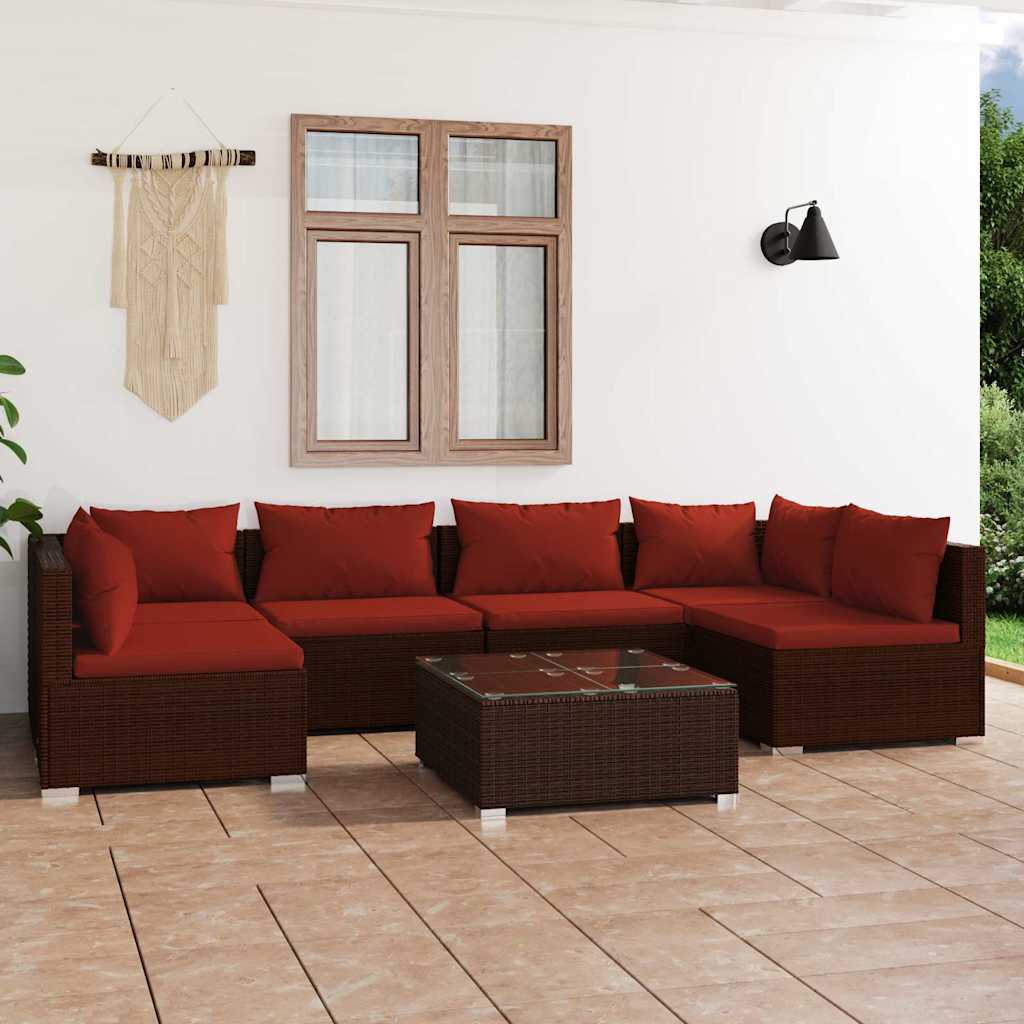 7-tlg. Garten-Lounge-Set mit Kissen Poly Rattan Braun