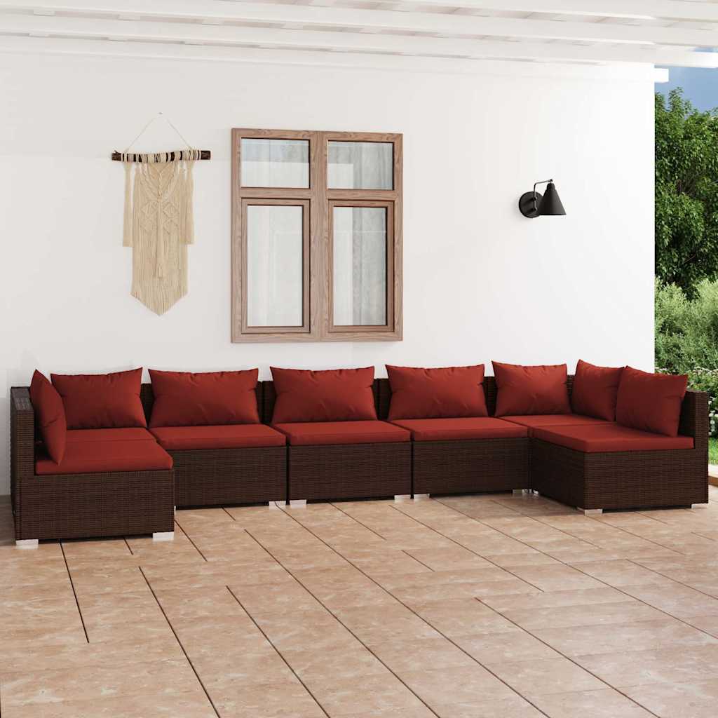 7-tlg. Garten-Lounge-Set mit Kissen Poly Rattan Braun