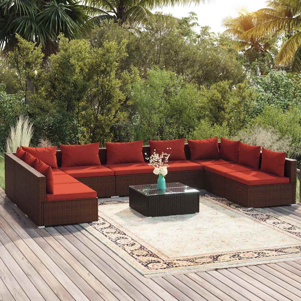 10-tlg. Garten-Lounge-Set mit Kissen Poly Rattan Braun