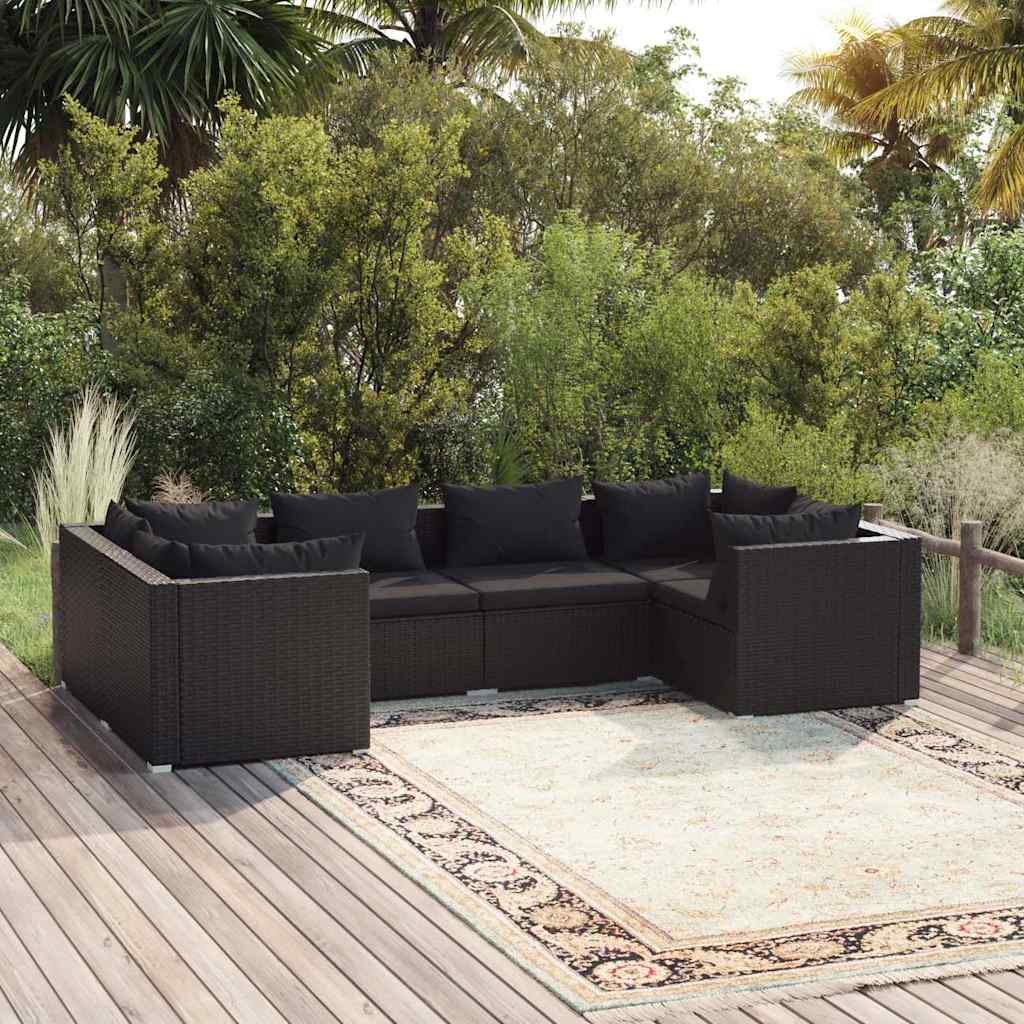 6-tlg. Garten-Lounge-Set mit Kissen Poly Rattan Schwarz