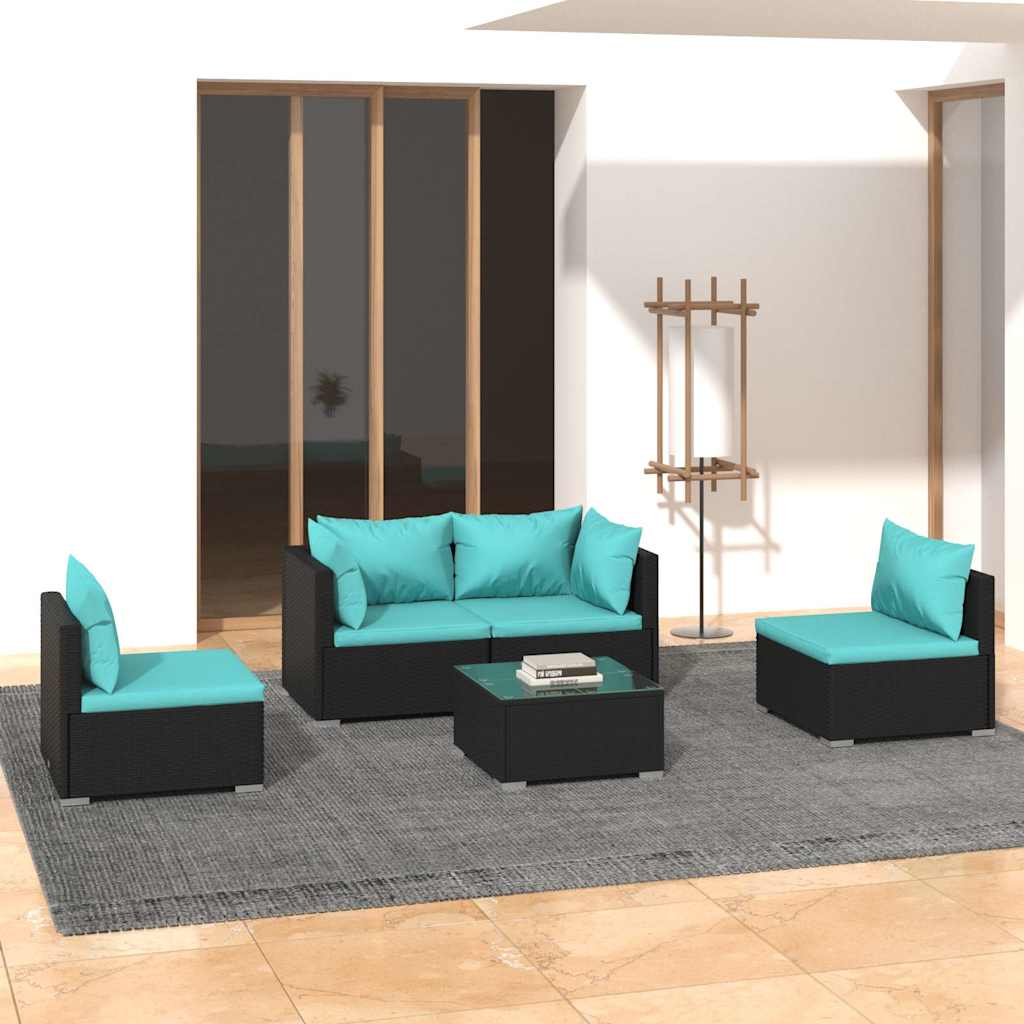 5-tlg. Garten-Lounge-Set mit Kissen Poly Rattan Schwarz