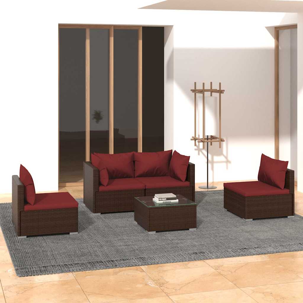 5-tlg. Garten-Lounge-Set mit Kissen Poly Rattan Braun