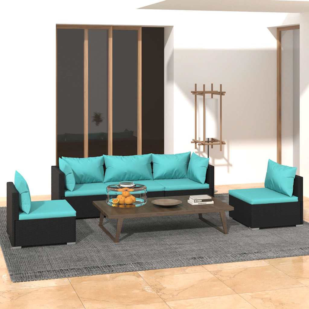 5-tlg. Garten-Lounge-Set mit Kissen Poly Rattan Schwarz