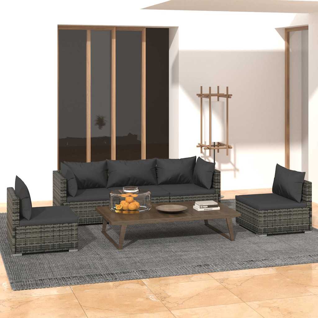 5-tlg. Garten-Lounge-Set mit Kissen Poly Rattan Grau
