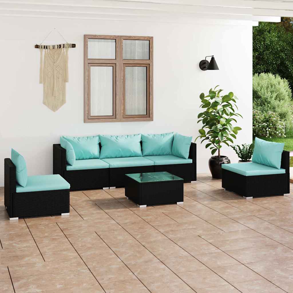 6-tlg. Garten-Lounge-Set mit Kissen Poly Rattan Schwarz
