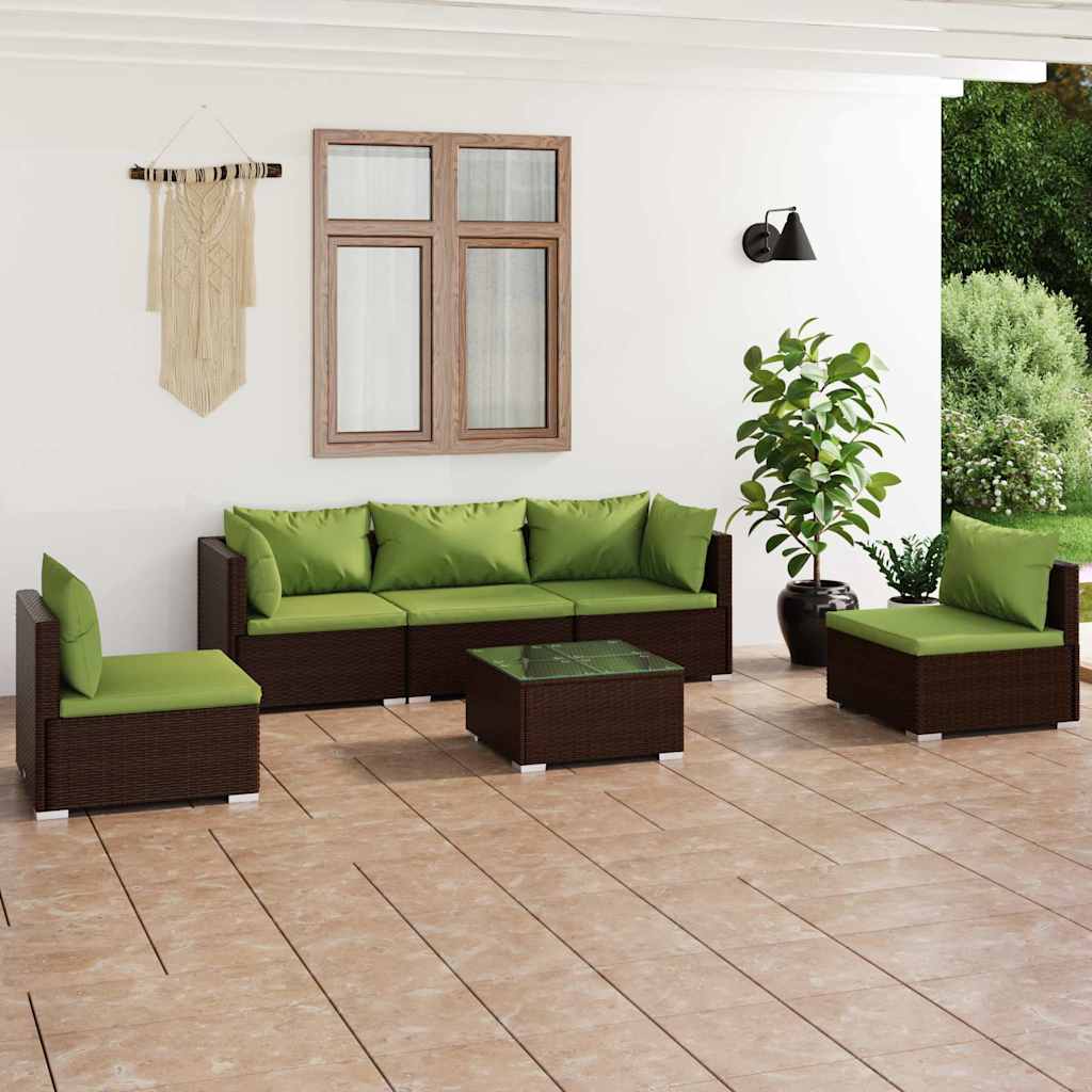 6-tlg. Garten-Lounge-Set mit Auflagen Poly Rattan Braun