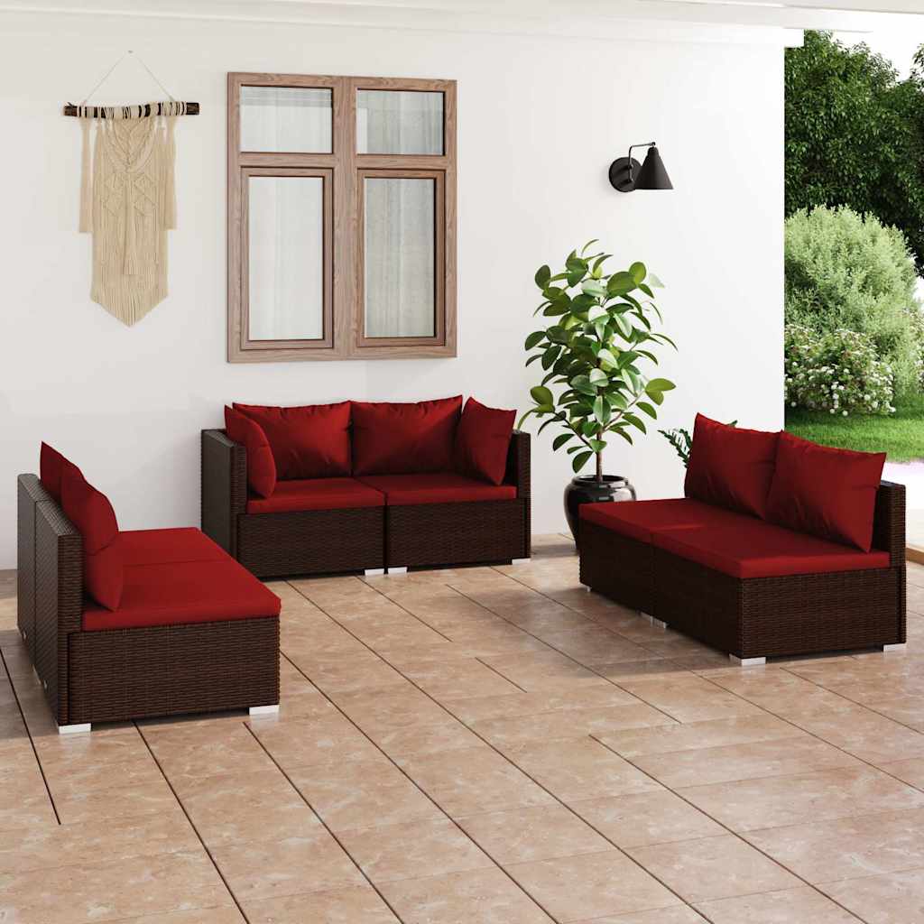 6-tlg. Garten-Lounge-Set mit Kissen Poly Rattan Braun