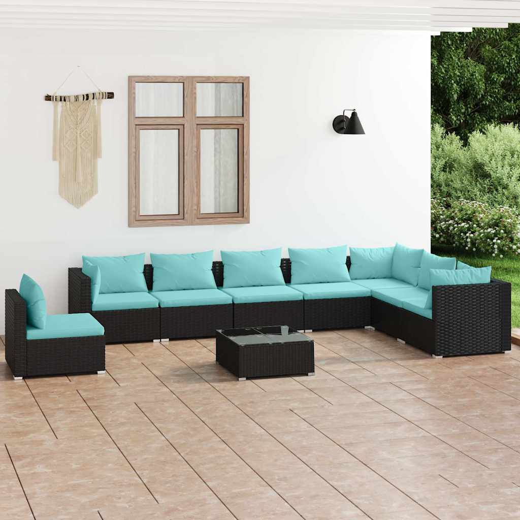9-tlg. Garten-Lounge-Set mit Kissen Poly Rattan Schwarz