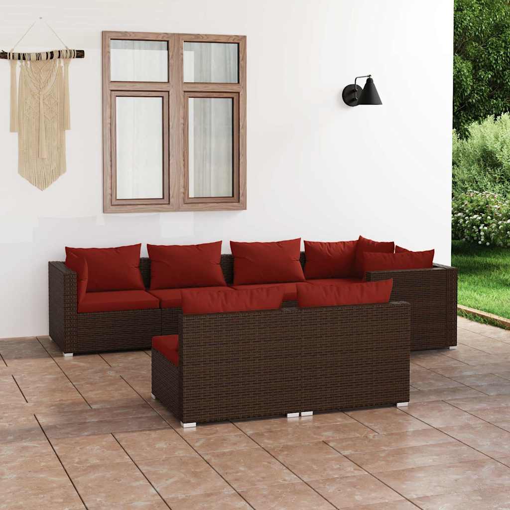 7-tlg. Garten-Lounge-Set mit Kissen Braun Poly Rattan