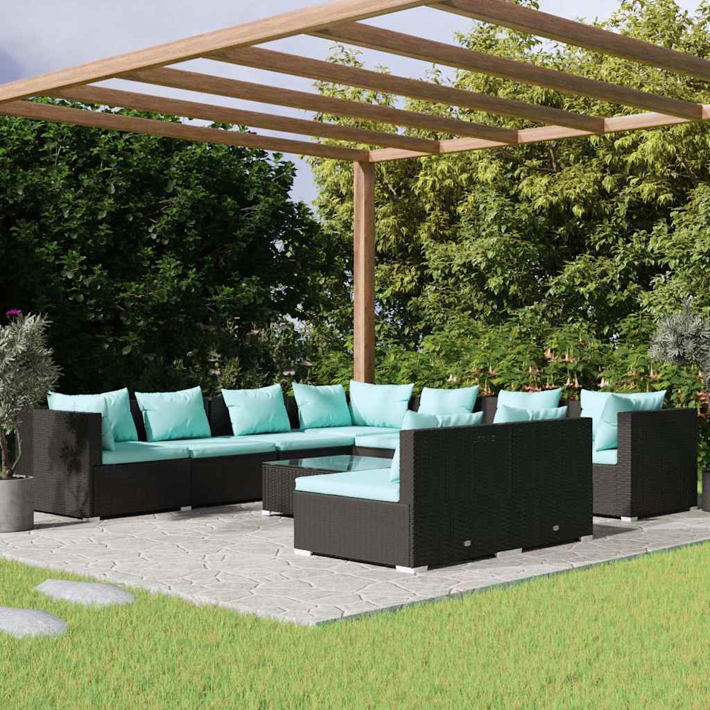 10-tlg. Garten-Lounge-Set mit Kissen Schwarz Poly Rattan