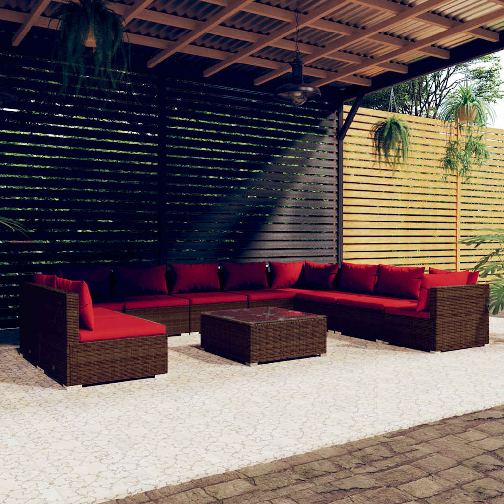 11-tlg. Garten-Lounge-Set mit Kissen Braun Poly Rattan