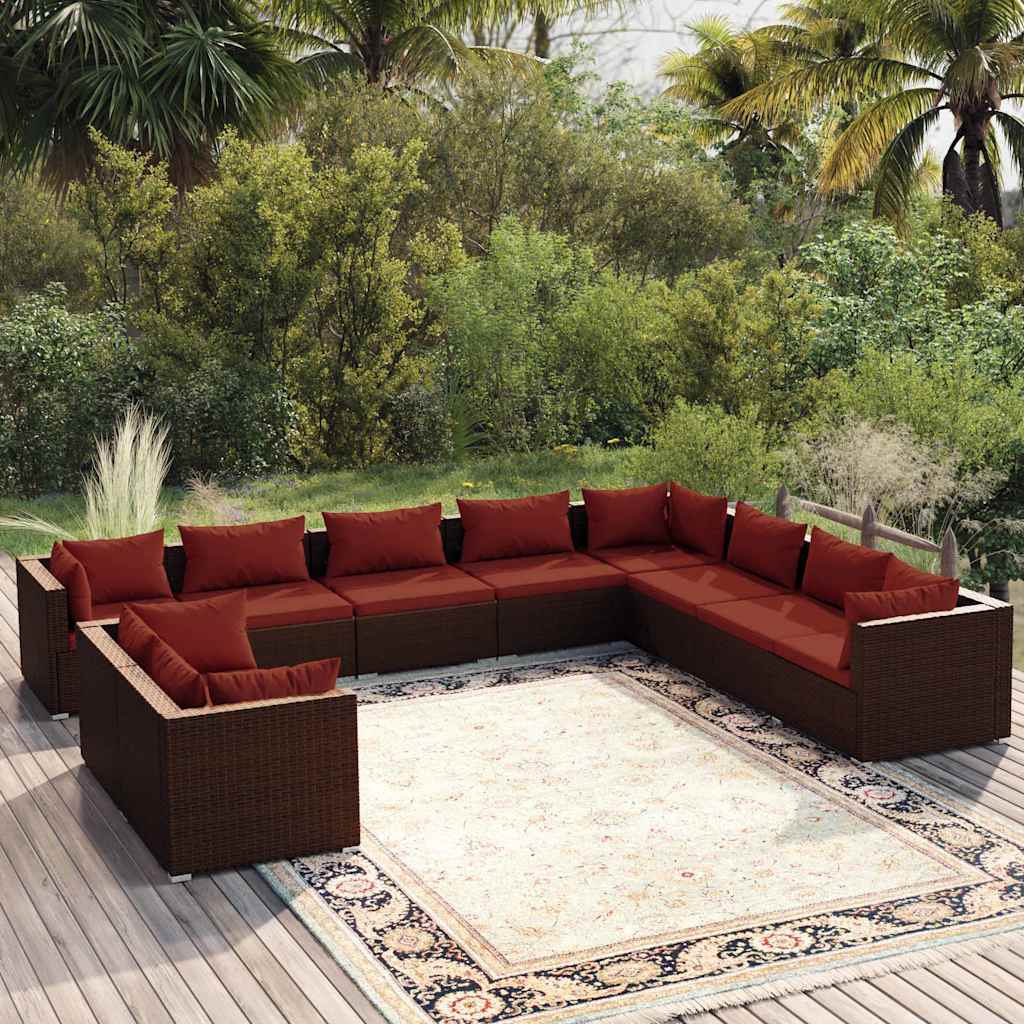 10-tlg. Garten-Lounge-Set mit Kissen Braun Poly Rattan