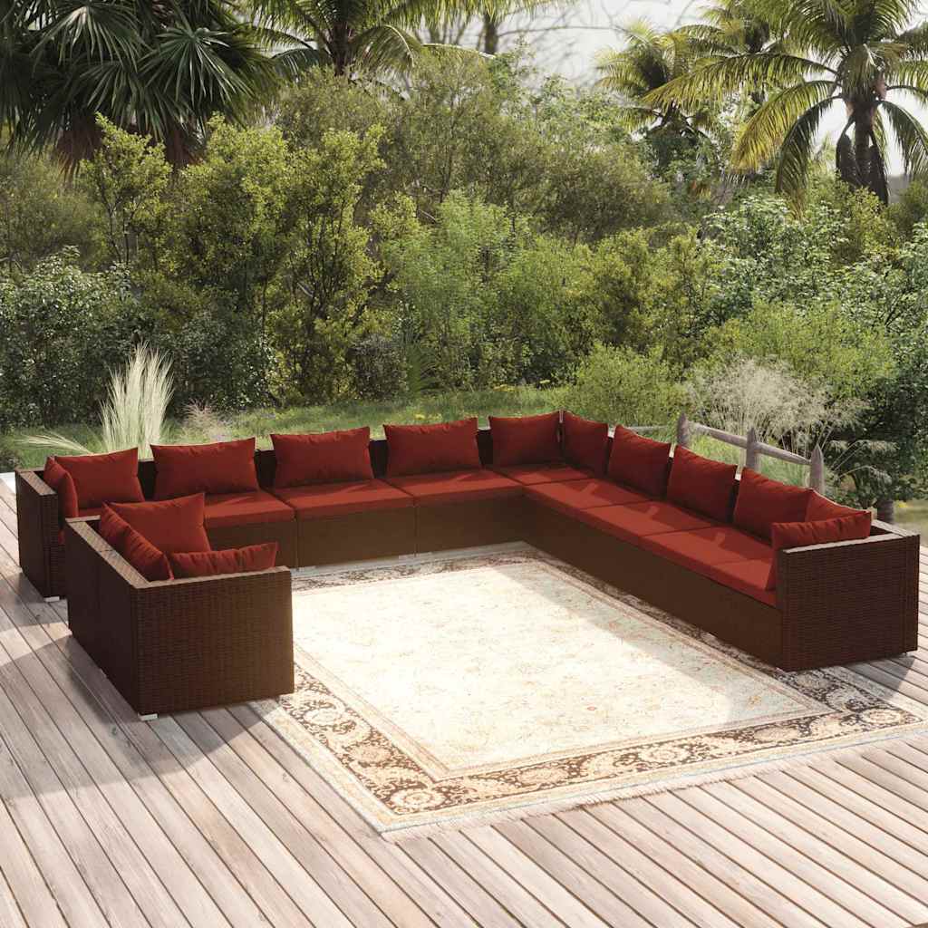 11-tlg. Garten-Lounge-Set mit Kissen Braun Poly Rattan