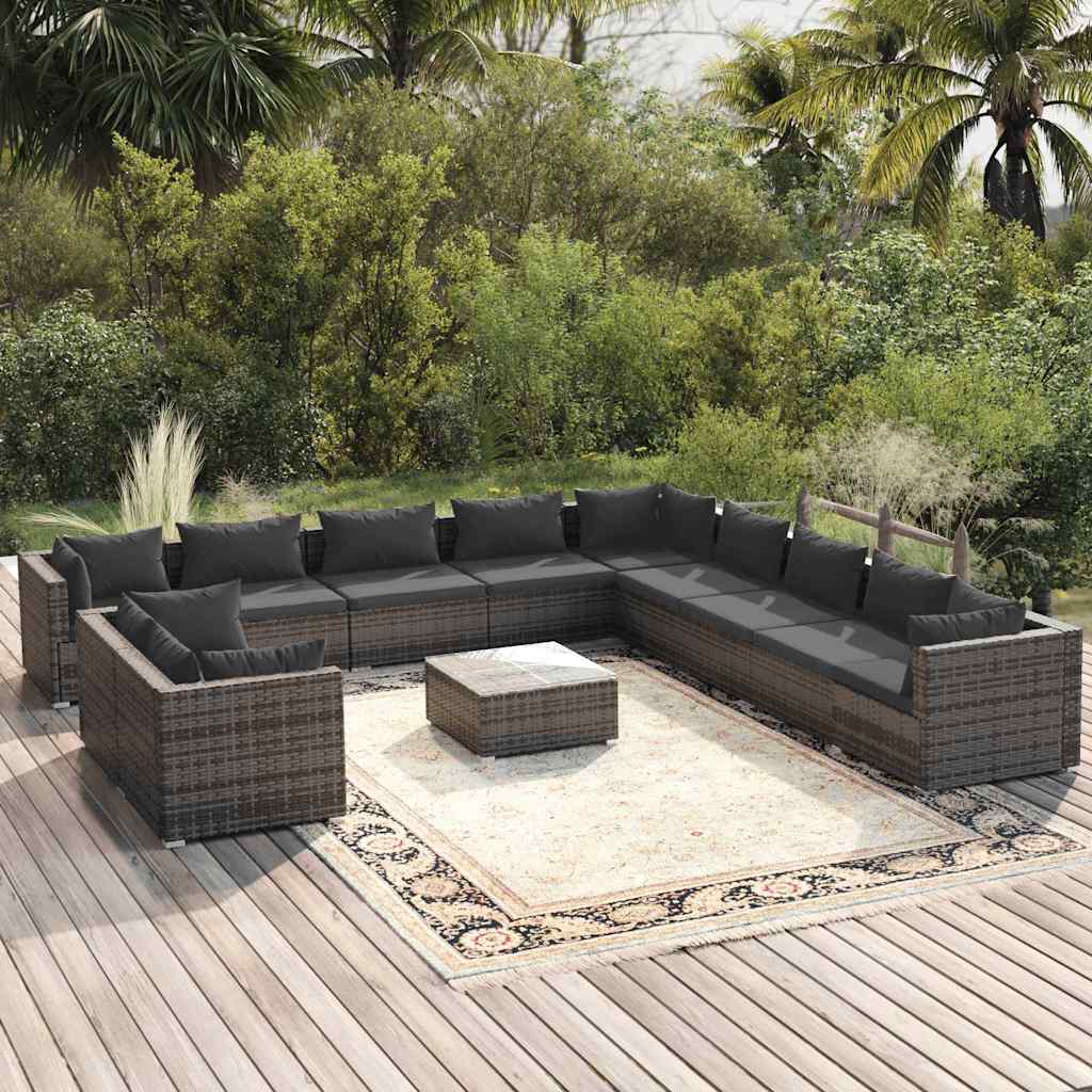 12-tlg. Garten-Lounge-Set mit Kissen Grau Poly Rattan