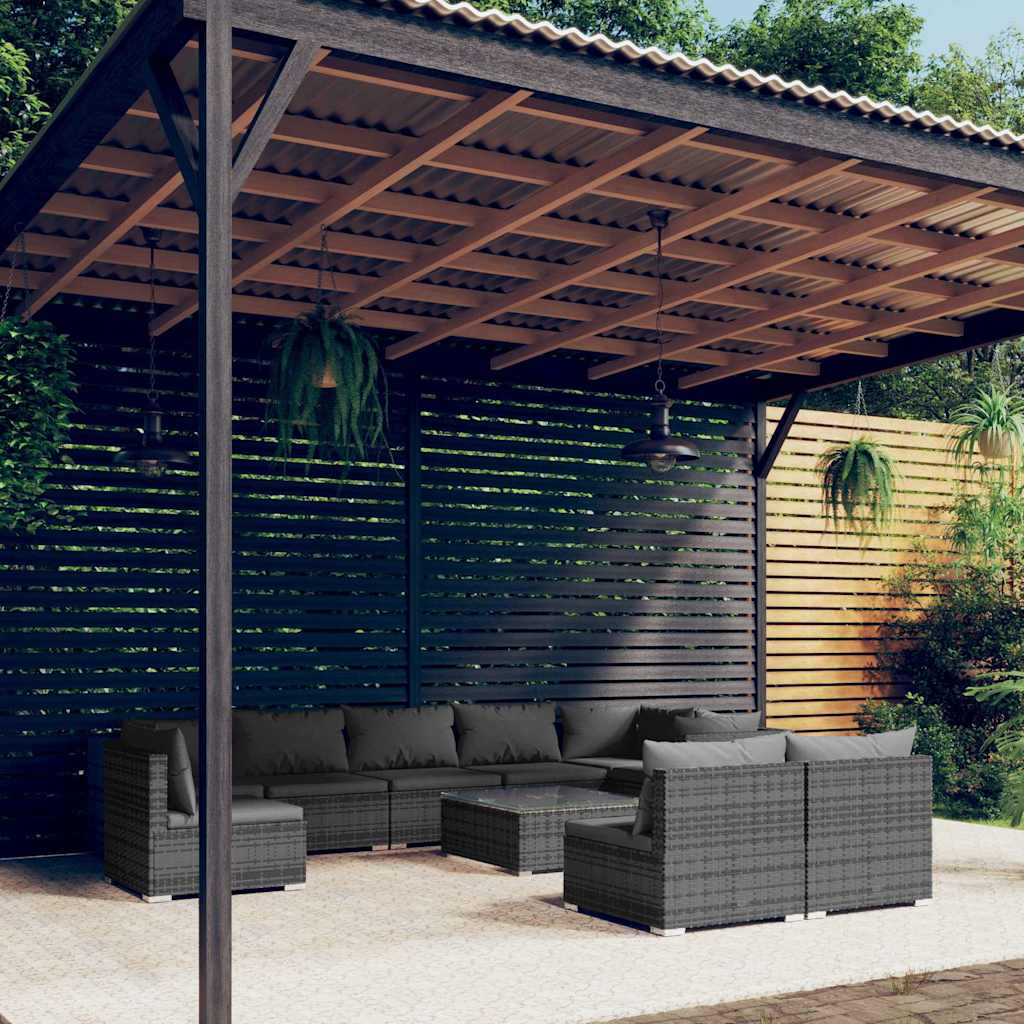 10-tlg. Garten-Lounge-Set mit Kissen Poly Rattan Grau