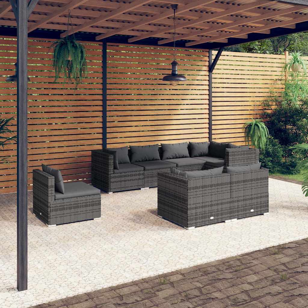 8-tlg. Garten-Lounge-Set mit Kissen Poly Rattan Grau
