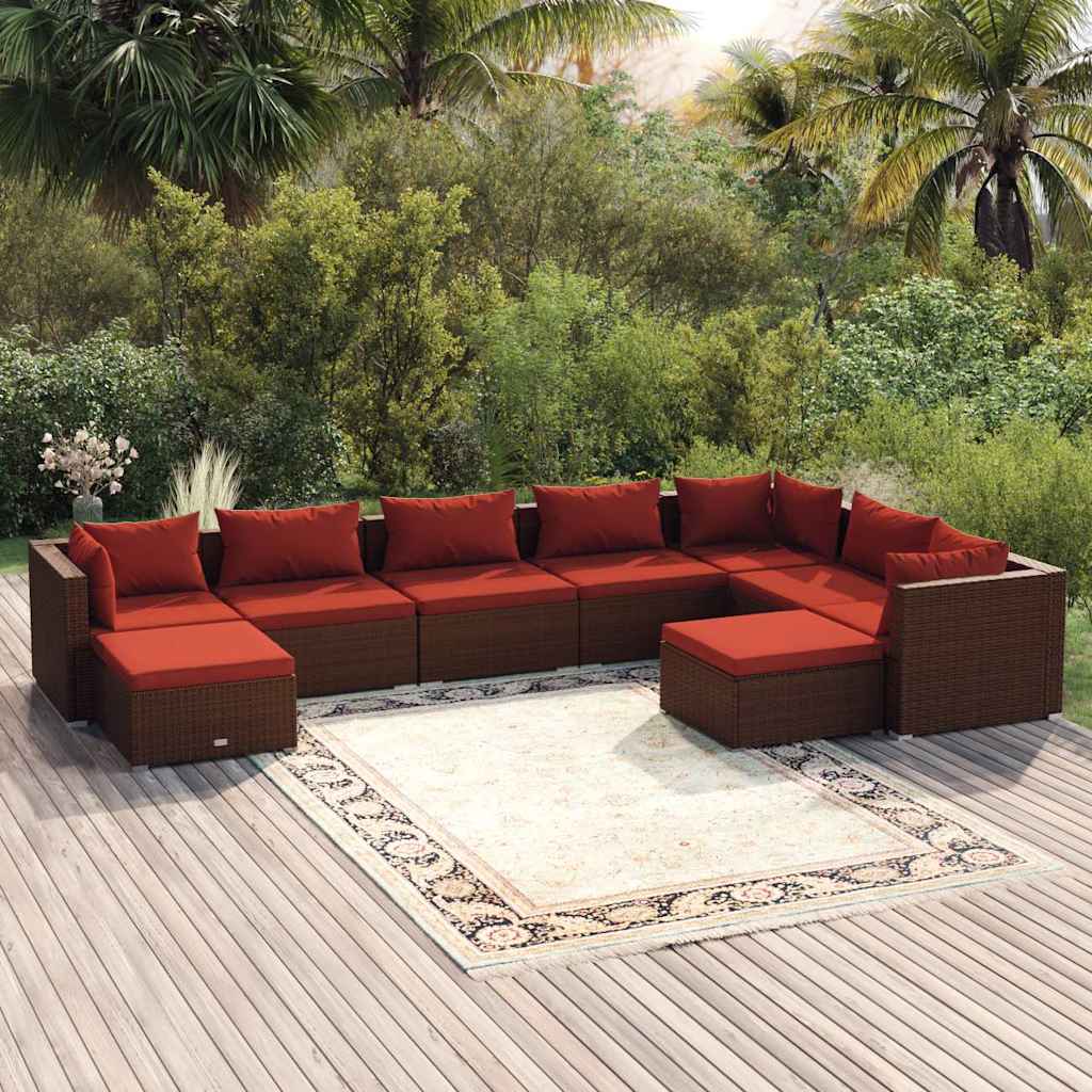 9-tlg. Garten-Lounge-Set mit Kissen Poly Rattan Braun