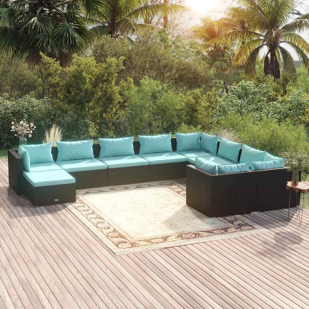 10-tlg. Garten-Lounge-Set mit Kissen Poly Rattan Schwarz