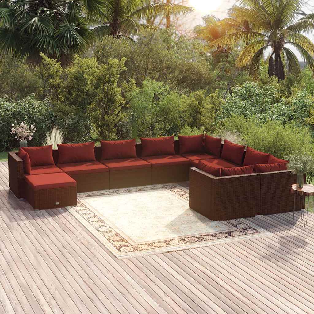 10-tlg. Garten-Lounge-Set mit Kissen Poly Rattan Braun