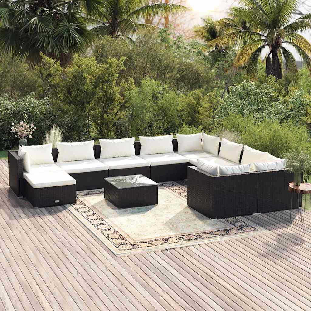 11-tlg. Garten-Lounge-Set mit Kissen Poly Rattan Schwarz