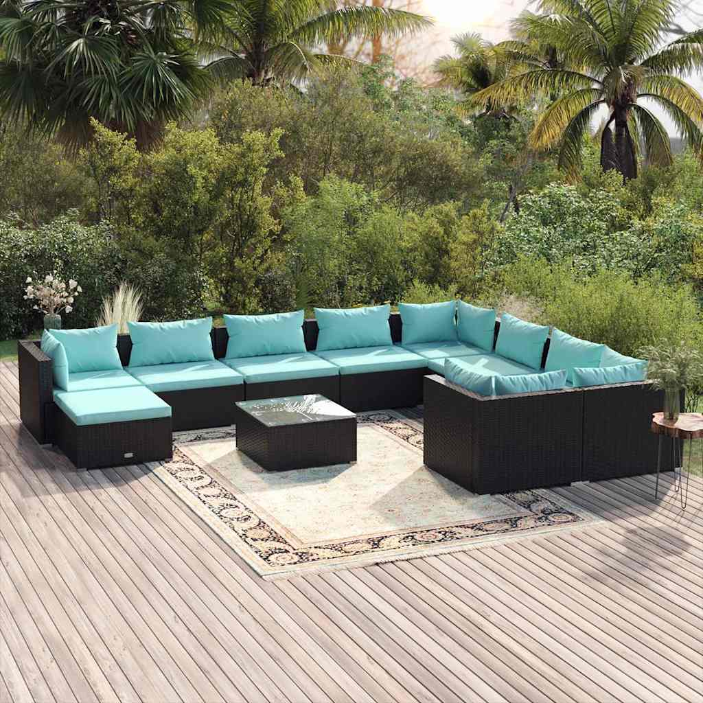 11-tlg. Garten-Lounge-Set mit Kissen Poly Rattan Schwarz