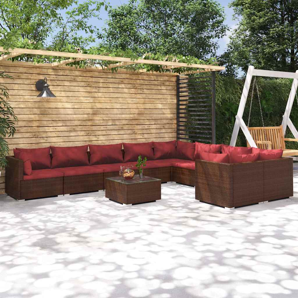 10-tlg. Garten-Lounge-Set mit Kissen Poly Rattan Braun