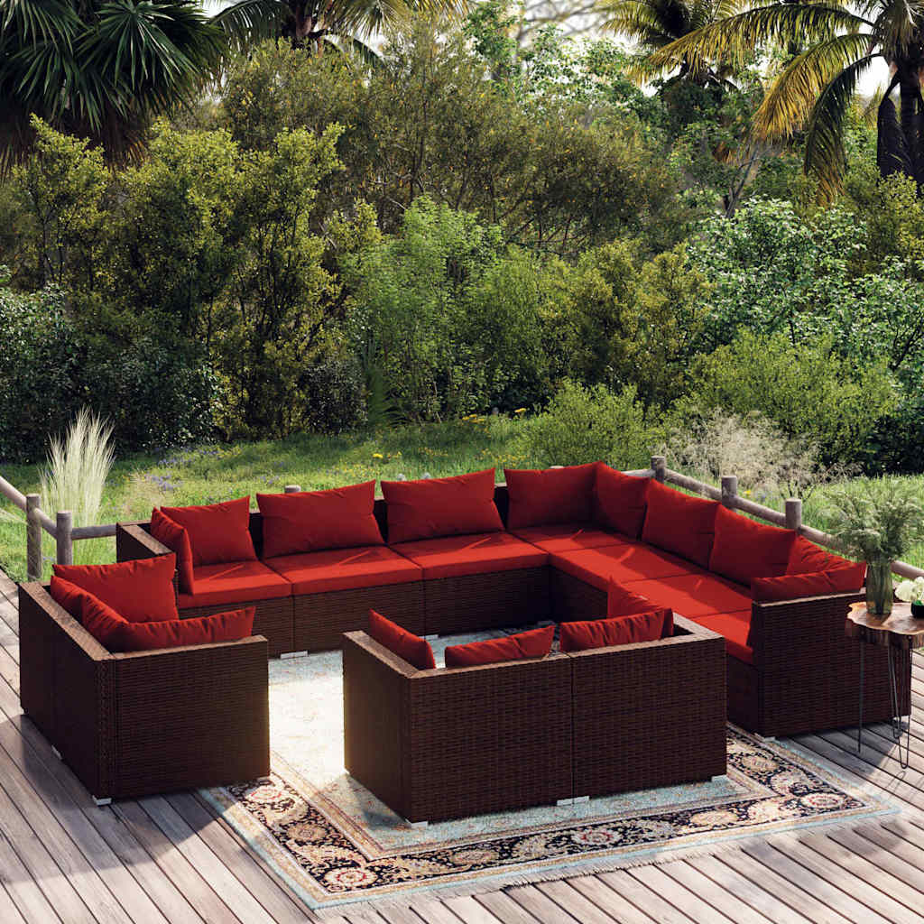11-tlg. Garten-Lounge-Set mit Kissen Braun Poly Rattan
